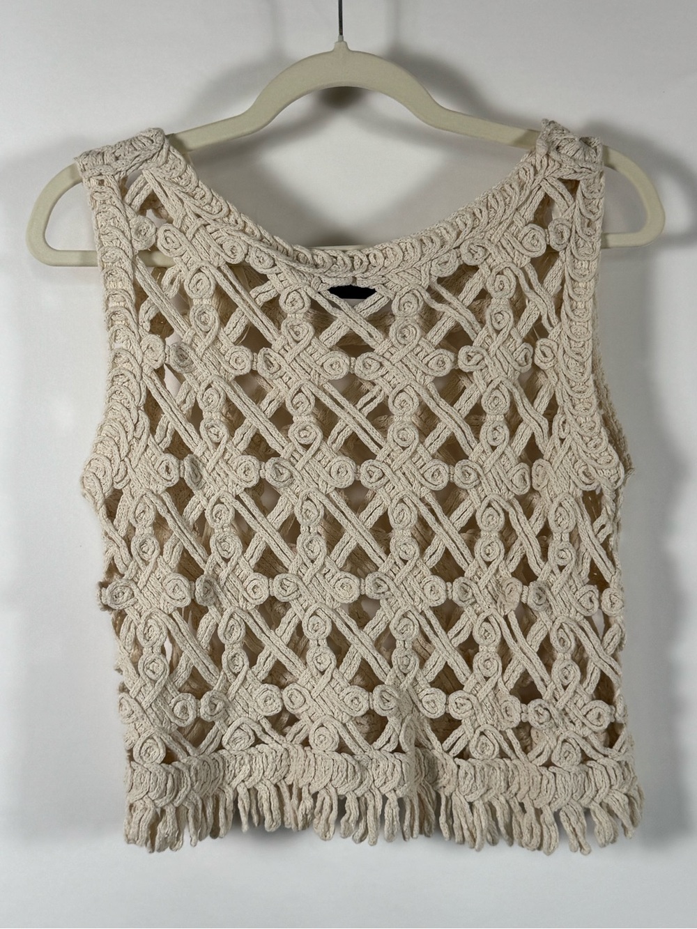 VICI Cream Macramé Crochet Crop Tank Top Size S/M Fringe Western Boho Indie Knit - Picture 4 of 9